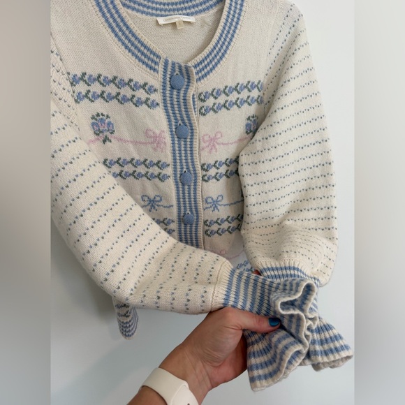 LoveShackFancy Keoni Cardigan in Blue Bells Flare Sleeved Sweater - Picture 3 of 9